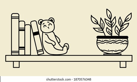 Cozy home. A bookshelf, books, a toy - a teddy bear and a flowerpot. Vector illustration, outline. Black line 