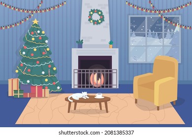 Cozy home at Christmas flat color vector illustration. Household with festive decorations for holidays. Comfortable apartment 2D cartoon interior with window with winter landscape on background