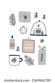 Cozy Home Christmas greeting card, winter decorations on white background. Doodle gift, cand and holiday drink