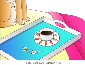 Cozy home coffee break illustration, coffee cup with black coffee and shalls on a blue tray, pink blanket and red cat on background.