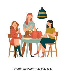 Cozy home composition with female characters of friends at kitchen table eating cakes vector illustration