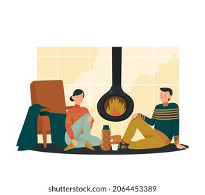 Cozy home composition with view of loving couple sitting at fireplace vector illustration