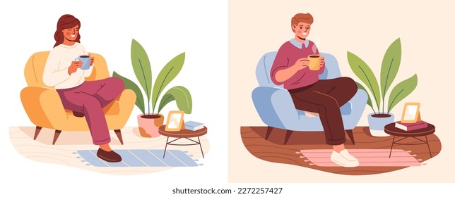 Cozy home concept. Man and woman with mug of hot drink sit on armchair and relax. Indoor leisure with tea or coffee. People relaxing in comfortable soft round chair. Cartoon flat vector illustration