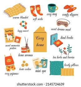 Cozy home concept vector illustration with hygge elements. Collection of lifestyle comfortable relaxing things like socks, pillows, blanket and other objet for self care and slow life