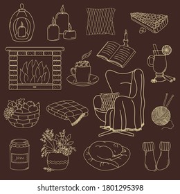 Cozy home. Cute autumn and winter set of 16 doodle style elements. Vector elements isolated on brown background. Vintage style.