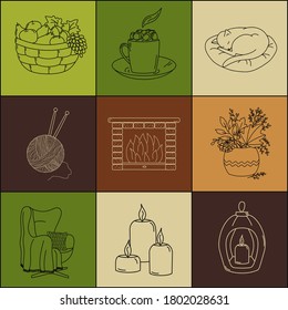 Cozy home. Cute autumn and winter set of 9 elements in doodle style. Vector elements isolated on multicolored background. Vintage style.