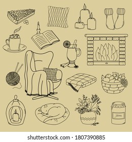 Cozy home. Cute autumn and winter set of 16 elements in doodle style. Vector elements isolated on beige background. Vintage style.