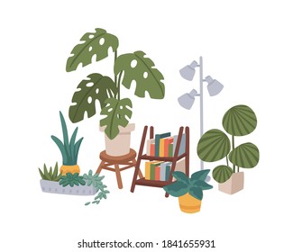 Cozy home decor. Different potted houseplants, bookshelf and a lamp. Hygge homely composition with monstera, sansevieria, succulents and other plants. Vector illustration in flat cartoon style