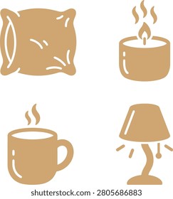 Cozy home decor elements featuring a pillow, candle, coffee cup, and lamp in a warm ambiance