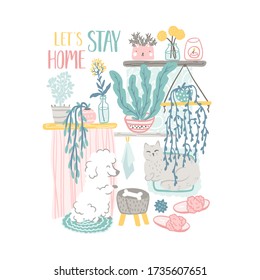Cozy home decor elements set. Vector hand drawn illustrations of cute things and pets in a simple cartoon flat scandinavian style in a pastel palette. Stay at home. Isolate on a white background