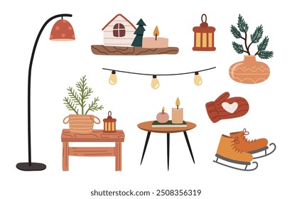 Cozy home decor elements in winter style. Vector isolated items of cold season use. Lamp and flashlight, wooden table and stand with candles, skates and glove, vase with spruce branch and garland