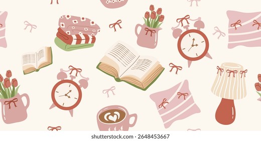 Cozy home decor seamless pattern with books, clocks, pillows, and flowers. Perfect for background, banner, wallpaper, and cute designs.