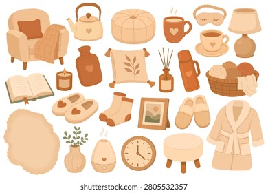 Cozy home decor set with warm blankets, candles, tea, plants and soft interior accessories.