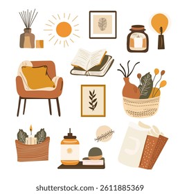 Cozy Home Decor Vector Set Flat Style Interior Elements