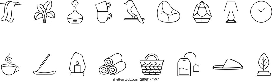 	
Cozy Home Decor and Wellness Line Art Elements Set: Vector Illustration of Blanket, Houseplant, Diffuser, Coffee Mug, Bird, Bean Bag, Terrarium, Lamp, Clock, Candle, and Towel for Hygge Brand Logo.