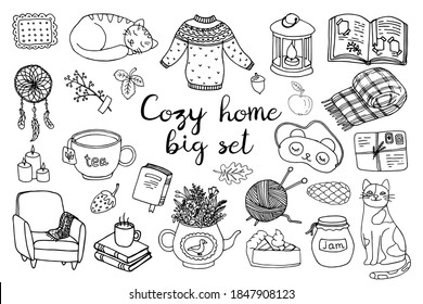 Cozy home design element set. Cat, scarf, candles, sweater, pie, lantern, sleep mask icon. Сoncept Hygge, autumn mood. Hand drawn vector illustration in doodle style outline drawing isolated on white