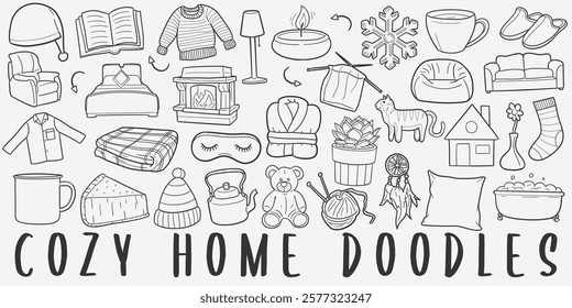 Cozy Home Doodle Icons Black and White Line Art. Home Sweet Home Clipart Hand Drawn Symbol Design.