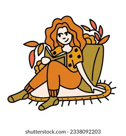 Cozy home doodle illustration of a girl reading a book. Vector artwork portrays a comfortable and inviting scene with a girl immersed in her reading