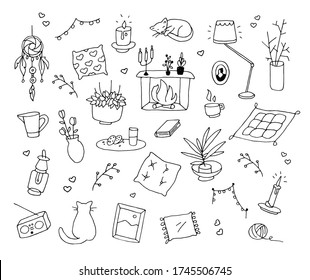 Cozy home doodle set. Collection with home decorations. Pack of home quarantine self-isolation icons. Cozy home stuff illustration. Isolated on white background. Stock vector illustration.