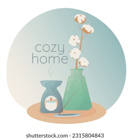 Cozy home elements, cotton in vase, candle, home incense, aromatherapy. Decorative design elements. Hand drawn vector illustration isolated on white background in modern trendy flat cartoon style.