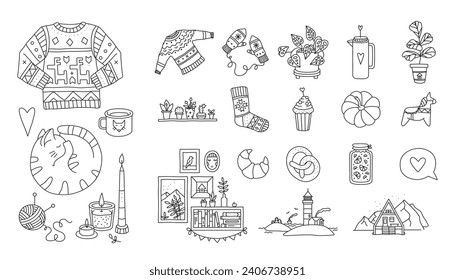 Cozy home elements doodle set with candles, gloves, sweaters, knitting, tea, cat, pastries and houseplants. Trendy modern vector illustration isolated on white, black outline