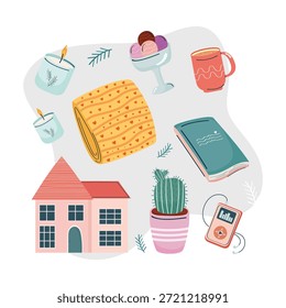 Cozy home elements: house, candles, book, and treats vector illustration.