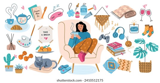 Cozy home elements. Relaxed young girl with hot tea cup in hands, lazy weekend, different interior objects, hobby accessories, vector set.eps
