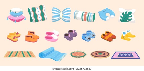 Cozy home elements, slippers pillows and carpets. Fluffy carpet, orthopedic and decorative pillow. Cute children and adult slipper, vector set