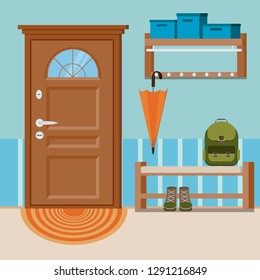 Cozy home entrance hall with furniture: clothes hanger, shoe bench, carpet, backpack, shoes, umbrella, boxes, door. Flat cartoon style vector illustration of interior background. 