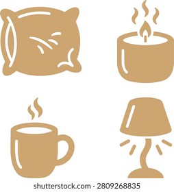Cozy home essentials featuring a pillow, candle, coffee cup, and lamp in a warm ambiance