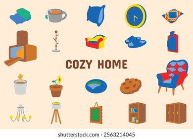 Cozy Home Flat Vector Illustration Icon Sticker Set Design Materials