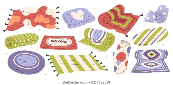 Cozy home floor carpet, mat and rug of different shape isolated set. Textile covering interior decor, fluffy doormat, comfortable cotton picnic plaid, modern handmade flooring item vector illustration