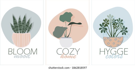 Cozy home flowers. Bundle of Hygge postcards for events. Colorful modern illustration in simple hand-drawn style in monochrome colors for your design