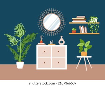 Cozy home furnished with chest of drawers, candles, fragrance for home, shelves with books, potted plants and wall mirror. Trendy interior design of living room. Flat vector illustration