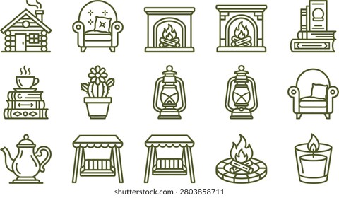 Cozy home and garden set featuring log cabin, armchair, fireplace, books, cactus, lantern, and swing bench on white