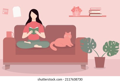 Acogedor hobby. Una joven se sienta en un sofá de su habitación y lee un libro, un gato yace a su lado. Ilustración vectorial plana. Descansa después de un día duro. Volver al estado del recurso