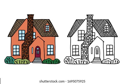 Cozy home, homestead, cottage. Hand drawn vector flat illustration. Set of contour and color drawing isolated on white. Doodles element for design, print, sticker, coloring. Vintage, outline, cartoon.
