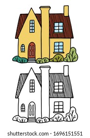 Cozy home, homestead, cottage. Hand drawn vector flat illustration. Set of contour and color drawing isolated on white. Doodles element for design, print, sticker, coloring. Vintage, outline, cartoon.