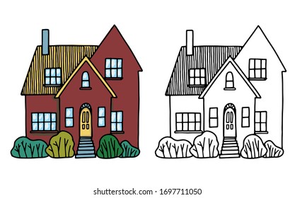 Cozy home, homestead, cottage. Hand drawn vector flat illustration. Set of contour and color drawing isolated on white. Doodles element for design, print, sticker, coloring. Vintage, outline, cartoon.