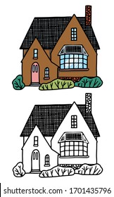 Cozy home, homestead, cottage. Hand drawn vector flat illustration. Set of contour and color drawing isolated on white. Doodles element for design, print, sticker, coloring. Vintage, outline, cartoon.