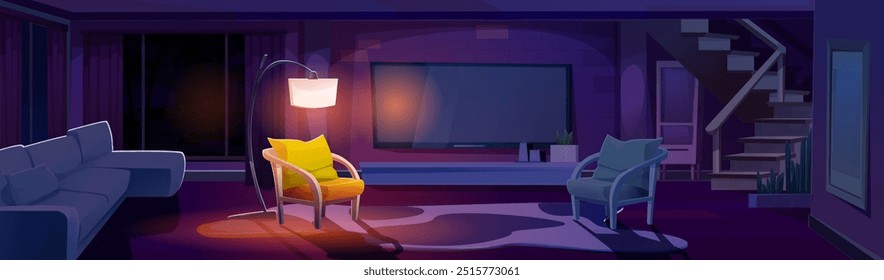 Cozy home or hotel light living room interior at night. Cartoon modern hall with big sofa and armchairs, light from floor lamp, stairs to second floor and windows with curtains, tv on wall and cabinet