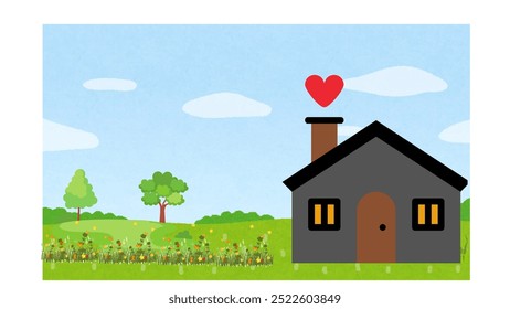 A cozy home icon surrounded by lush green meadows and trees, with a heart on the chimney symbolizing warmth and love.