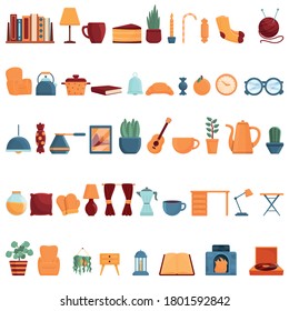 Cozy home icons set. Cartoon set of cozy home vector icons for web design