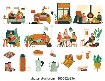 Cozy Home Icons Set With Cushions Pot Socks Plant Clew Books Pie And Resting People Flat Isolated Vector Illustration