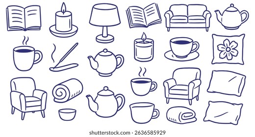 Cozy home illustration featuring a couch, armchairs, books, candles, tea cups and relaxing elements