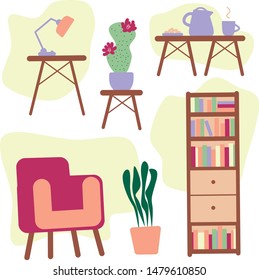 Cozy home illustration. Retro furniture, plants, armchair, bookshelf, cactus, lamp, coffee, tea, and cookies