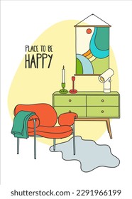 Cozy home interior with armchair, plaid and picture. Scandinavian style apartment. Lettering place to be happy. Stylish pieces of furniture in living room. Bright vector illustration in flat style.