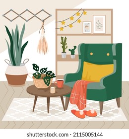 Cozy home interior with armchair, table and green plants. Vector illustration.