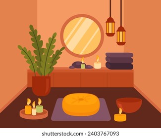 Cozy home interior with aroma candles, pillow, dim lights, home plant. Vector illustration. Quiet place for yoga and relaxation. Mental health, meditation concept