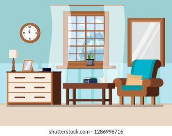 Cozy home interior background scene with lamp, armchair, coffe table, pillows,wall clock, books, cup, rack, mirror, plant, window with winter lake landscape in flat cartoon style. Vector illustration.